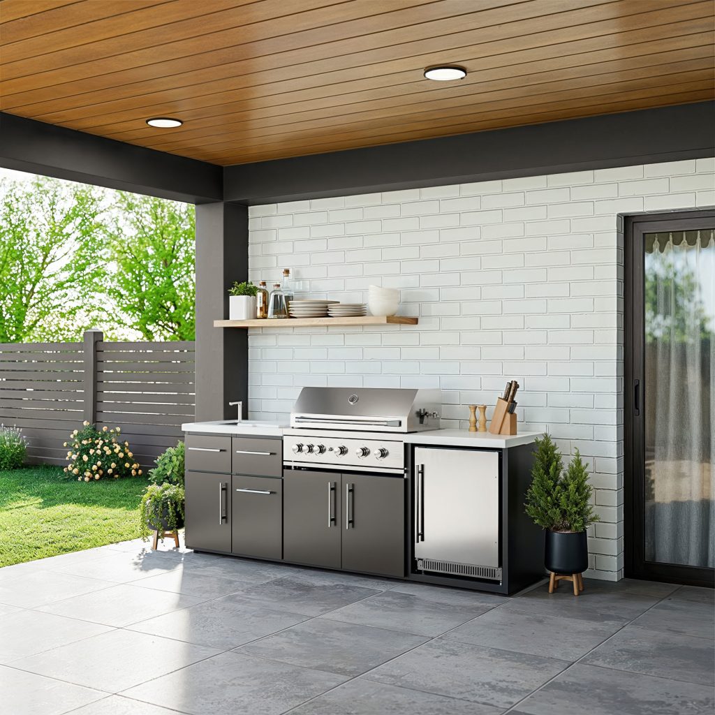 Emory 9-foot linear outdoor kitchen island with a stainless steel gas grill, built-in fridge, and dark grey cabinetry against a white brick wall.